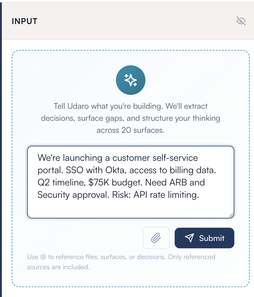 Udaro input pane — paste context to begin